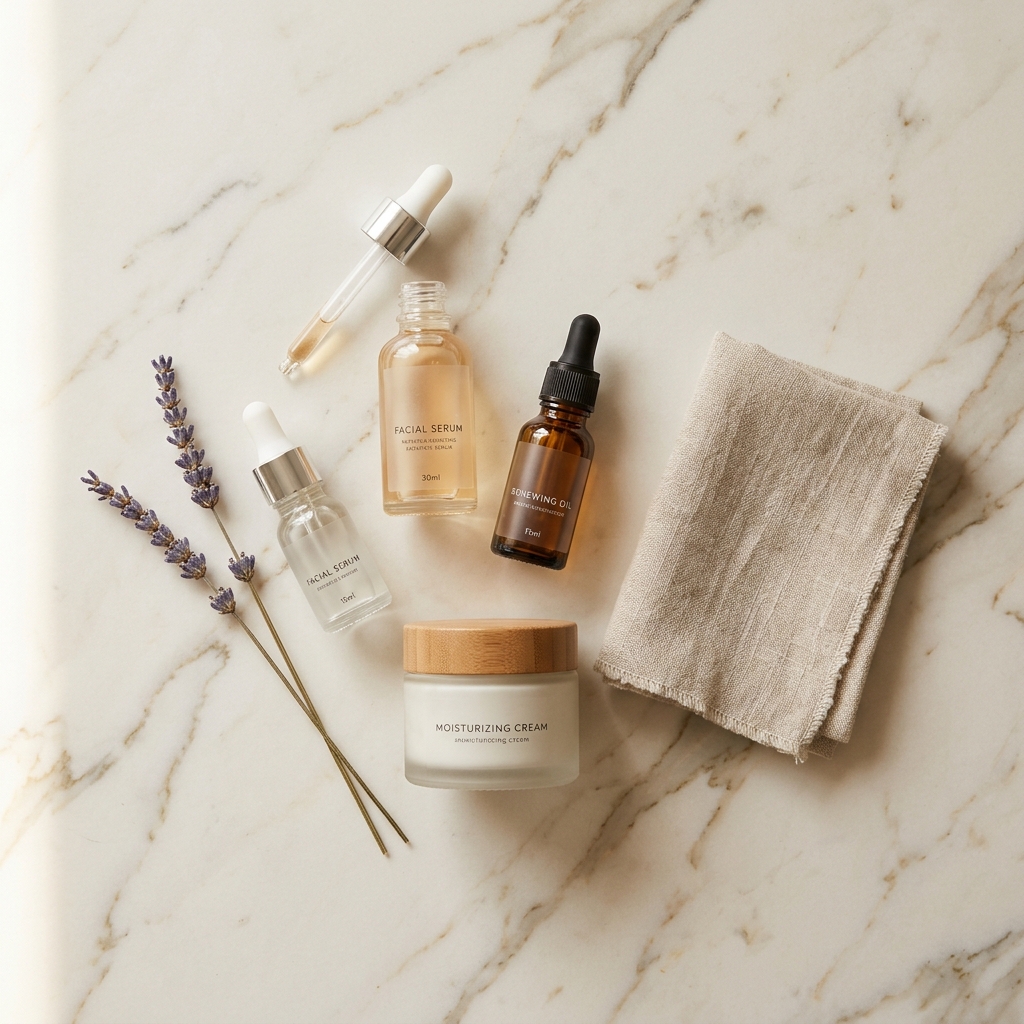 Editorial flatlay of skincare products